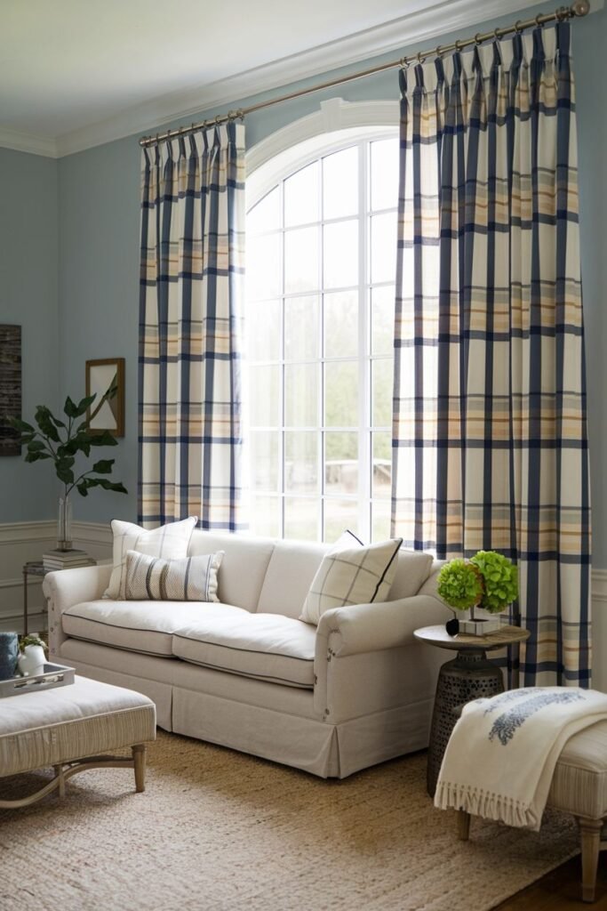 Bold plaid farmhouse living room curtains in navy and yellow, framing a large arched window above a cream sofa.