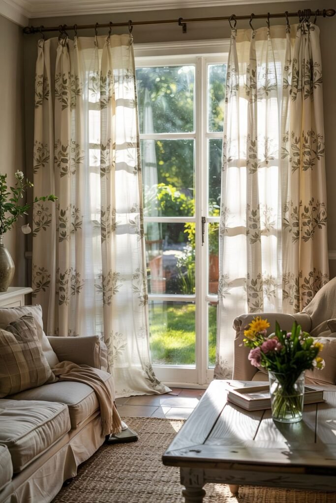 Light-filtering botanical farmhouse living room curtains, covering glass doors and letting sunlight into a room with a rustic coffee table.