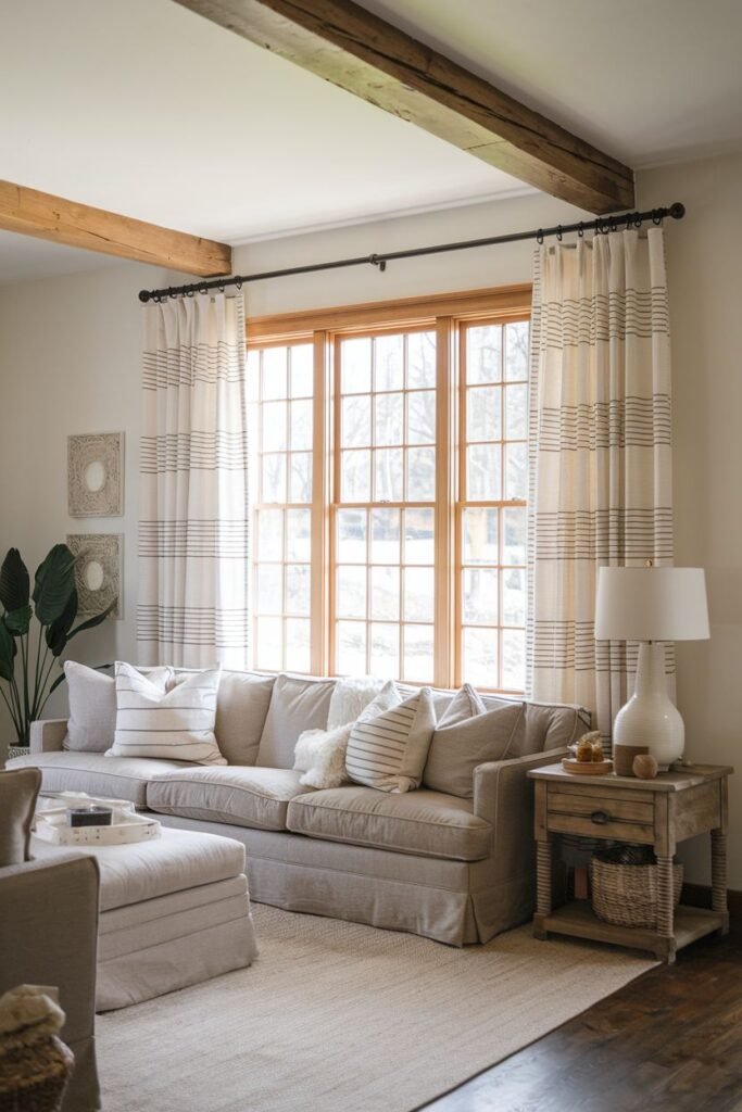 Striped farmhouse living room curtains hanging on a dark rod, complementing exposed ceiling beams and a sectional sofa.