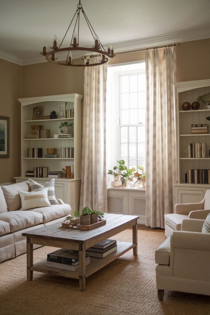 Patterned farmhouse living room curtains in a room with built-in bookshelves flanking a window and centered around a wooden coffee table.