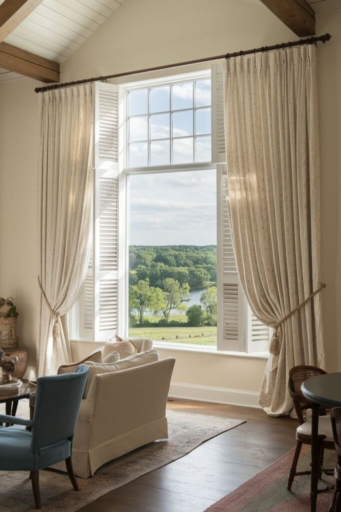 Tall farmhouse living room curtains with rope tiebacks, hung on a large window with internal plantation shutters and a view of the landscape.