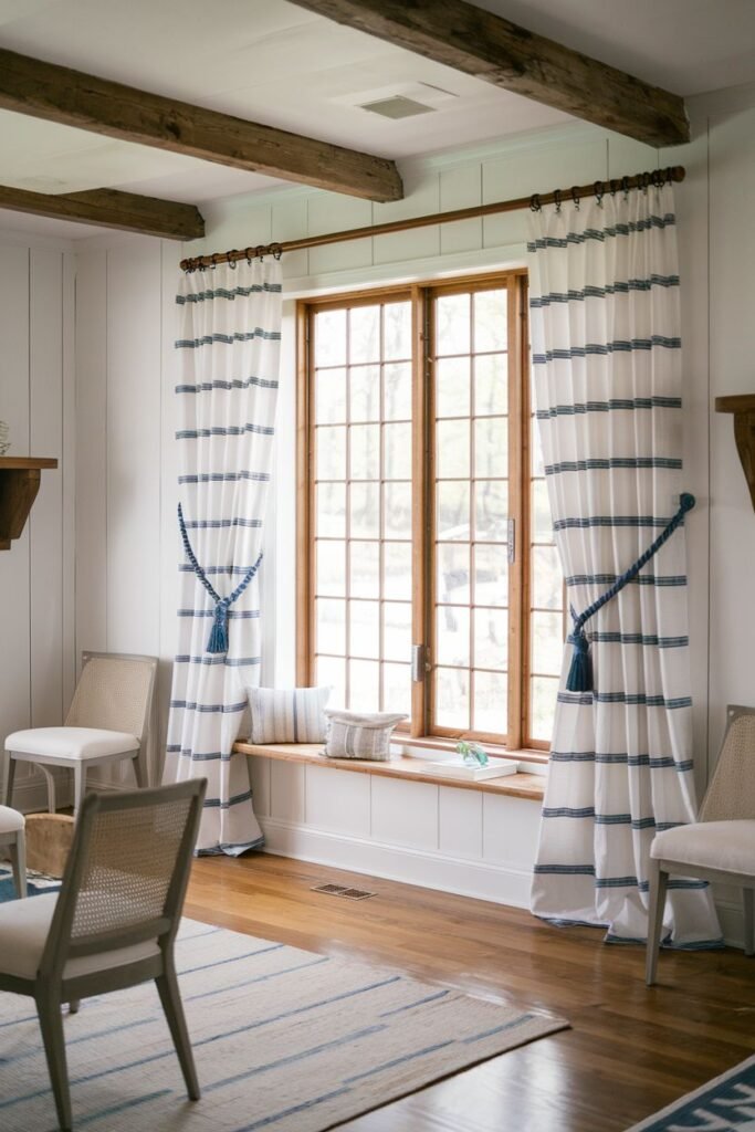 Striped farmhouse living room curtains with blue rope tiebacks, pulled back to reveal a window seat in a room with exposed beams and white paneling.