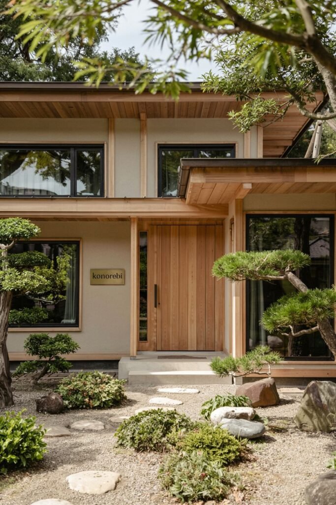 Contemporary japandi exterior featuring a large wooden door, raked gravel garden with rocks and multiple pruned trees, and a "komorebi" plaque.