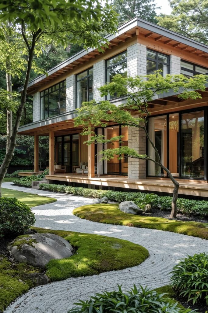 Sprawling Contemporary japandi house exterior with a large wooden terrace, light stone, large windows, and a sweeping curved raked gravel garden.