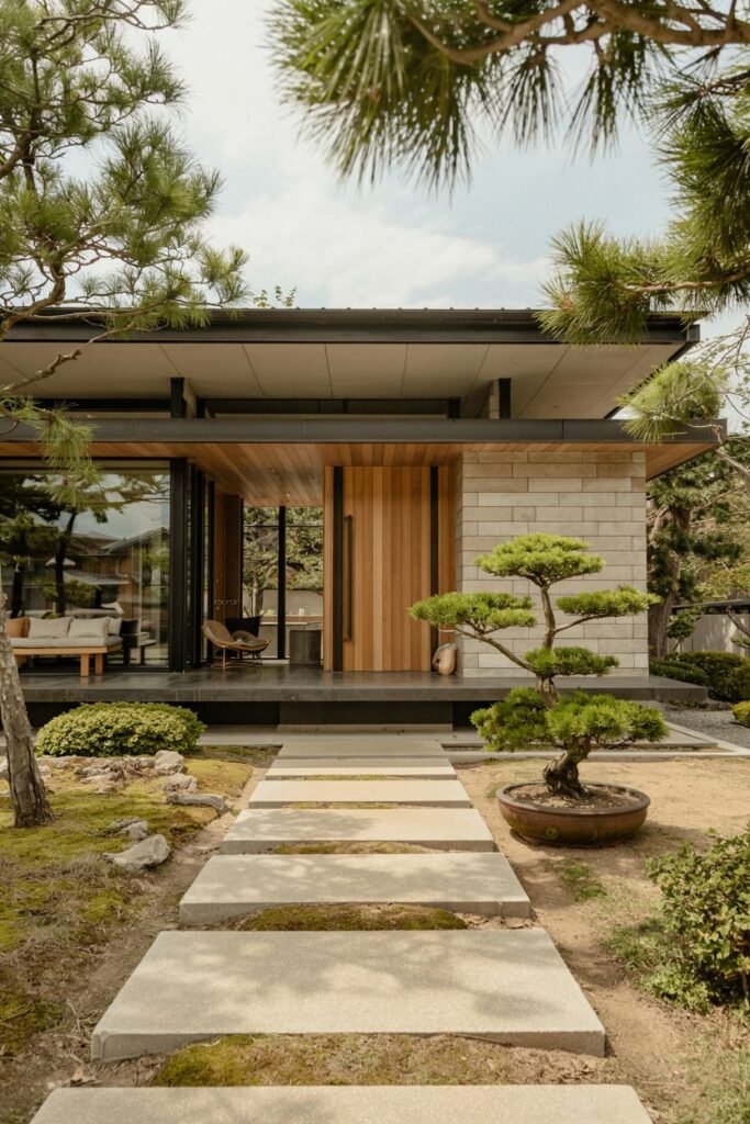 Clean lines and natural materials define this single-story Contemporary japandi house exterior with concrete stepping stones, stone blocks, wood siding, and a bonsai tree.