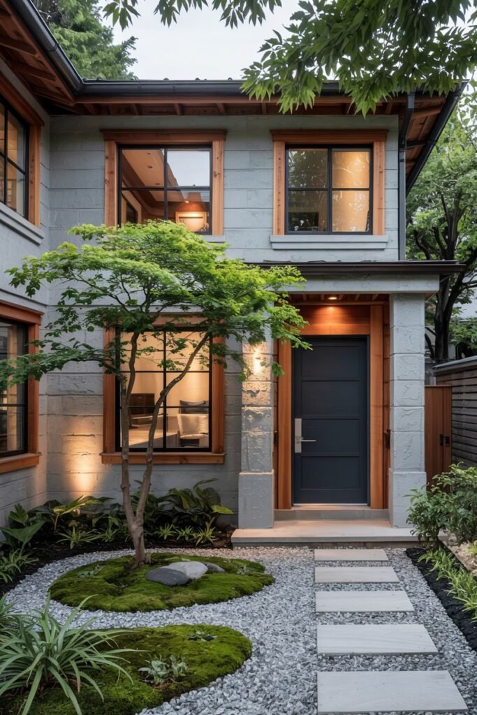 Contemporary japandi house design featuring a dark door, light grey stone accents, stepping stones over gravel, and a moss garden with a tree and rocks.