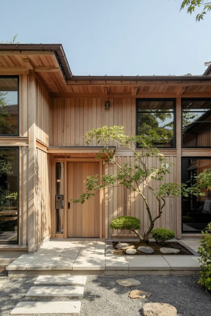 Contemporary japandi house exterior dominated by warm-toned vertical wood siding, dark-framed windows, and a gravel entrance path with stepping stones and rocks.