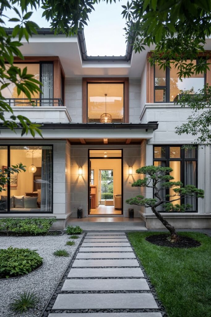 Grand entrance to a multi-story Contemporary japandi house with a wide path of stepping stones, light stone cladding, large windows, and organized landscaping.