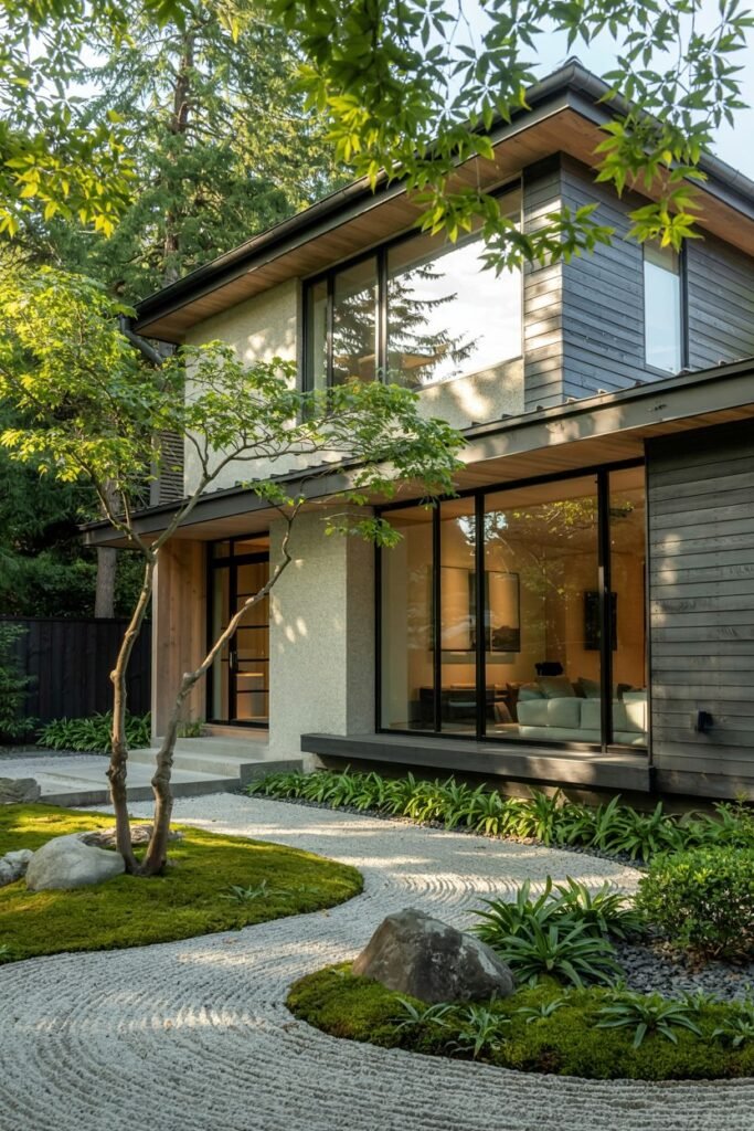 Side view of a two-story Contemporary japandi house with mixed siding materials, large windows, and a sculptural curved raked gravel garden.