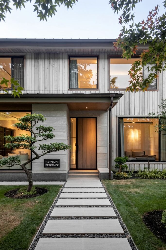 Contemporary japandi house exterior with an address plate "THE ZENITH RESIDENCE", vertical siding, stone cladding, and a path of stepping stones over gravel and grass.