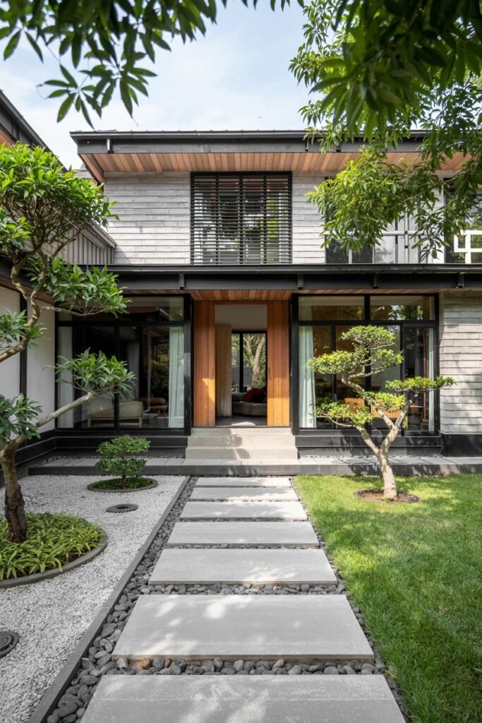 Modern Contemporary japandi house exterior entryway with concrete stepping stones set in gravel, grey siding, and large glass panels.