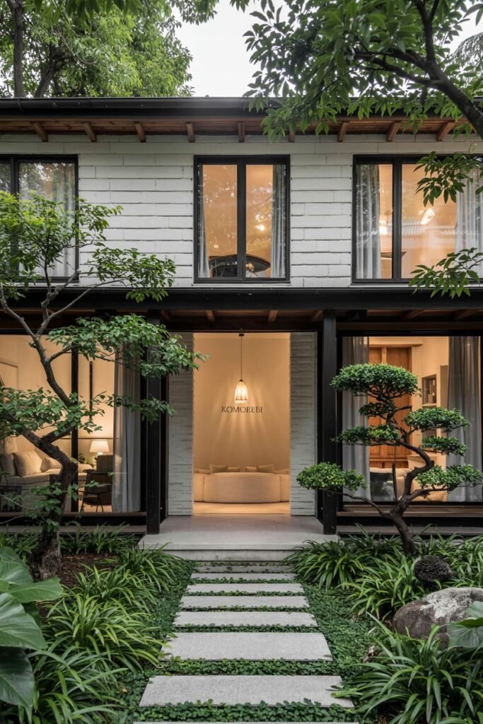Welcoming pathway to a Contemporary japandi house exterior with large concrete stepping stones, white stone cladding, dark columns, and pruned trees.