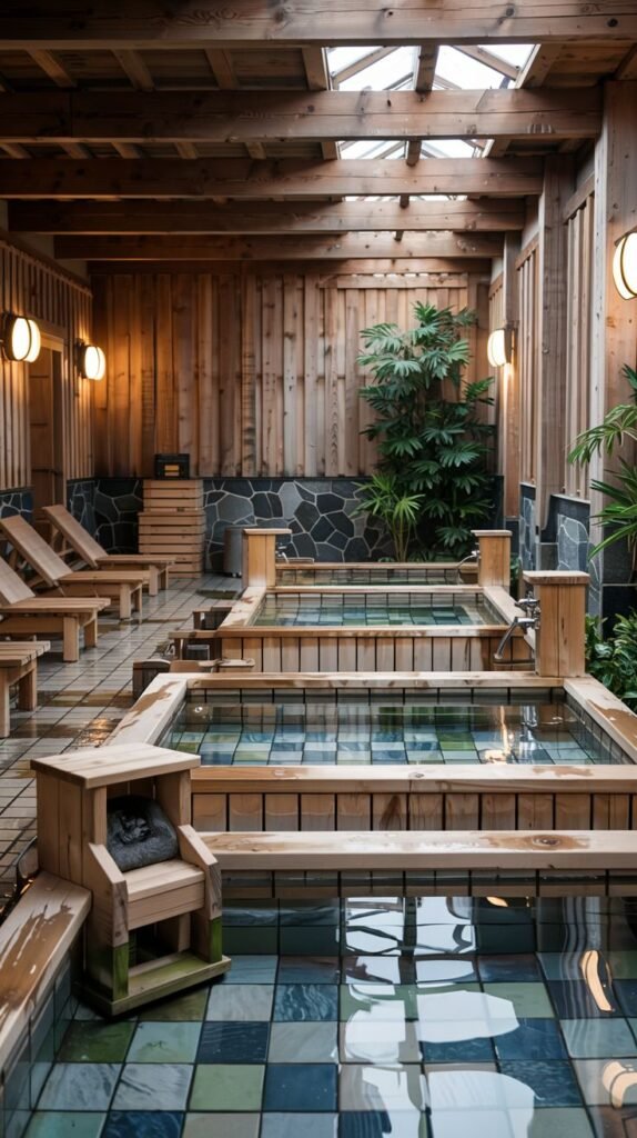 An indoor bathing area with several tiered pools, each with wooden sides and tiled steps, surrounded by wooden decking and walls. Wooden lounge chairs are arranged beside the pools. The space has a wooden ceiling with lights and features natural stone walls and a large plant.