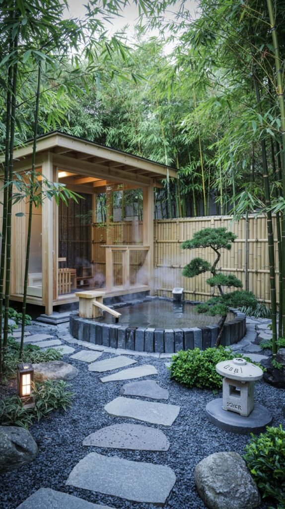 A small outdoor bath area surrounded by tall bamboo trees. The circular bath is made of stone and has a wooden structure covering part of it. The ground is covered in gravel and stepping stones, and a stone lantern and a bonsai tree are part of the landscaping.