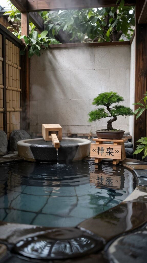 A close-up view of a small outdoor bath with water flowing from a wooden spout into a stone basin that overflows into the pool. The pool has dark tiled flooring and stone edges. A small bonsai tree sits on a wooden stand next to the bath, with a wooden sign in Japanese characters.