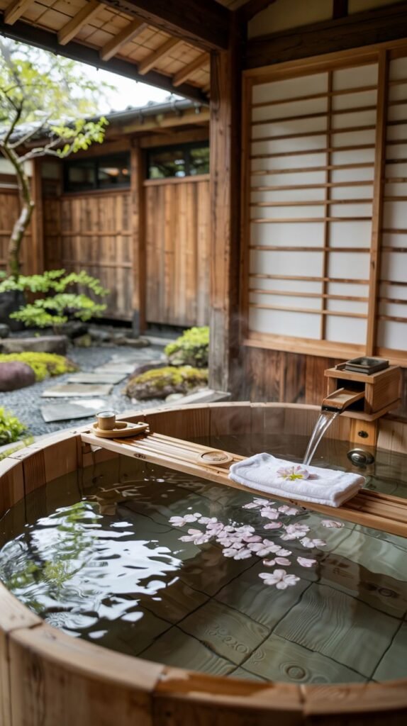 A wooden soaking tub filled with water and sprinkled with cherry blossoms, with a bamboo tray holding a tea cup and a towel. Water flows into the tub from a wooden spout. The bath is located outdoors next to a Japanese garden.