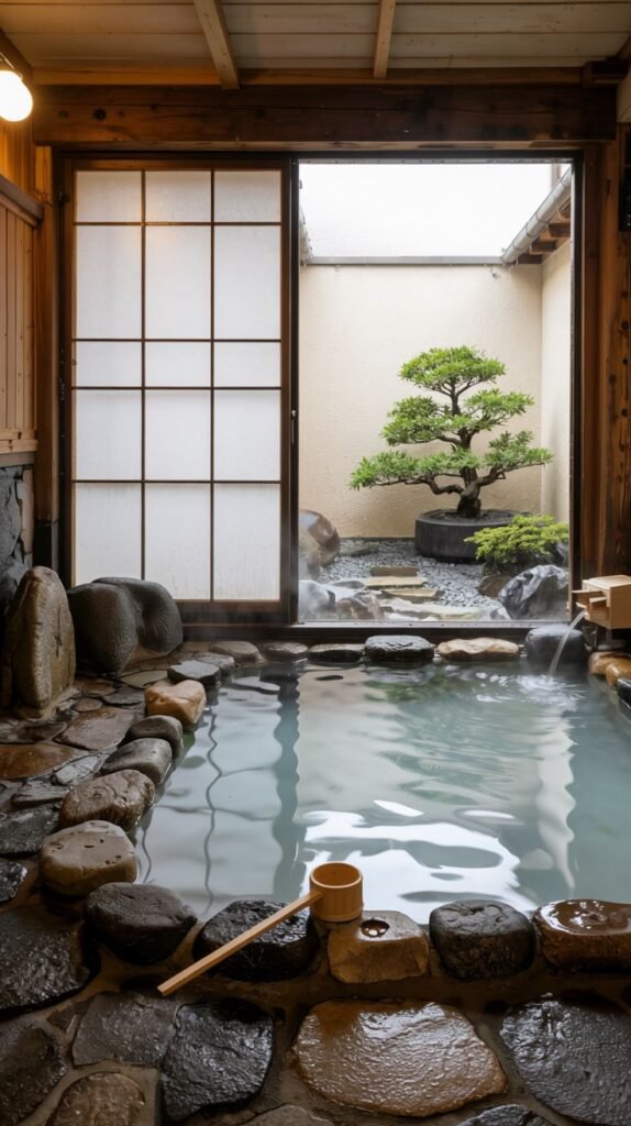 An indoor bath area with a pool surrounded by stones and a wooden walkway. Large sliding paper doors open to a small outdoor courtyard with a bonsai tree and natural stones. Water flows into the pool from a stone feature.