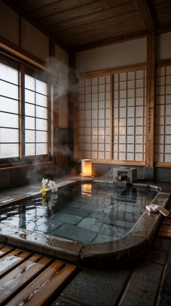 An indoor bath with dark tiled flooring and stone edges, next to sliding paper screen doors and a window. Steam rises from the water. A lantern sits beside the bath, providing light, and a small decorative flower and towel are visible.