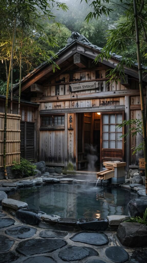 An outdoor hot spring area in front of a rustic wooden building with a sign that says "ONSEN RETREAT". A circular stone-edged pool with blue-grey water is in the foreground, with water flowing from a wooden spout. The area is surrounded by stones and bamboo fencing.