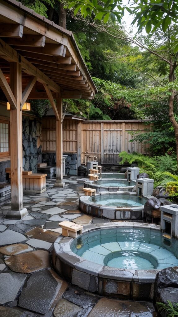 A multi-tiered outdoor bathing area with several circular stone-edged pools of varying sizes. Wooden stools are placed beside each pool. The area has stone flooring and is surrounded by trees and greenery, with a wooden structure providing cover.