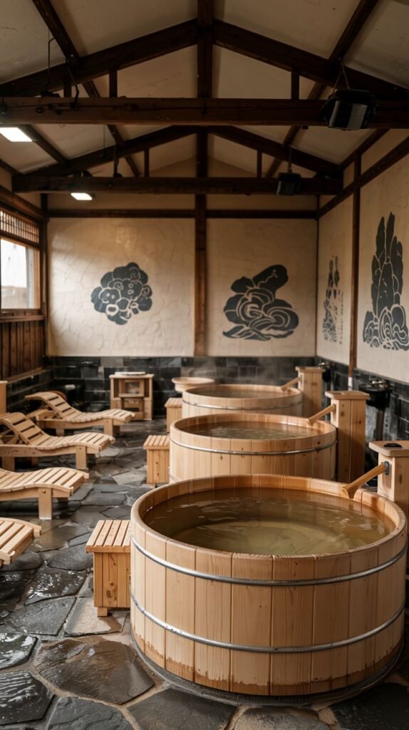 A large indoor bathhouse featuring three large, round wooden tubs filled with water. Wooden lounge chairs and stools are arranged around the tubs. The walls are decorated with traditional Japanese style paintings.