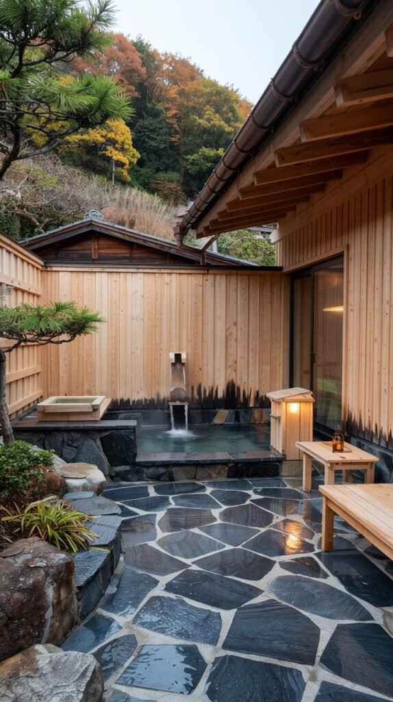 An outdoor bath area with dark stone flooring and a rectangular pool with stone edges. Water flows into the pool from a stone structure. Wooden furniture is placed beside the pool, and the area is surrounded by wooden fencing and natural stones, with a hillside covered in trees displaying autumn colors in the background.