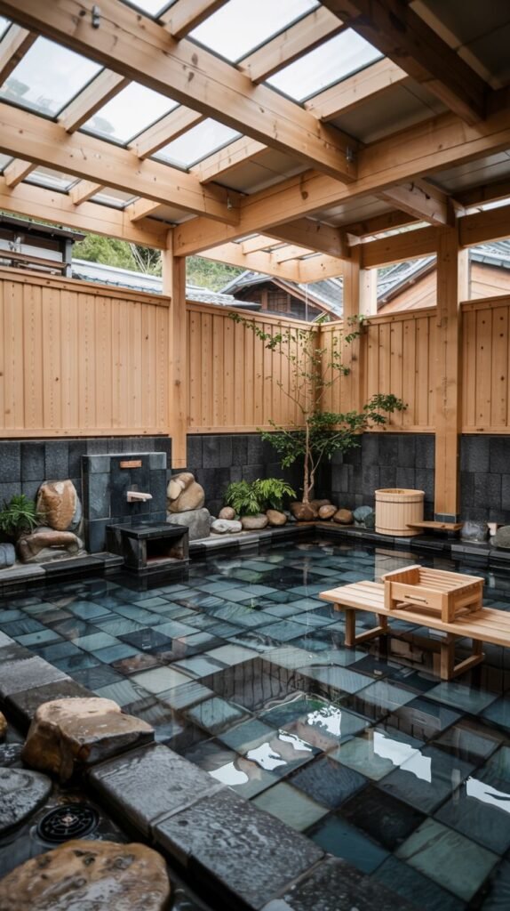 An indoor bath area featuring a large rectangular pool with blue and green tiled flooring and natural stone edges, under a wooden ceiling with skylights. Wooden chairs and a small wooden table are beside the pool, and plants and large stones decorate the space.