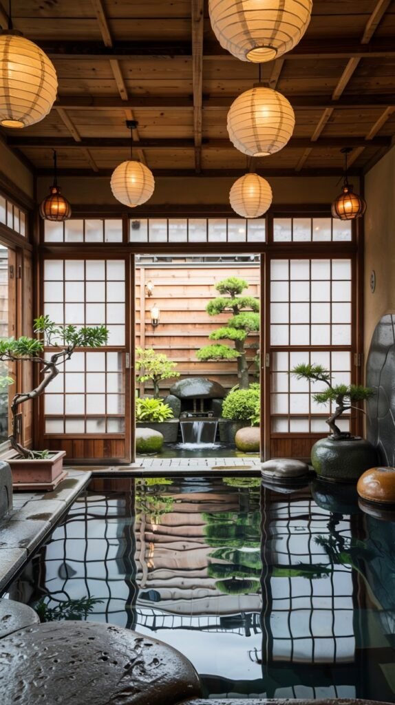 An indoor bathing area with a large pool reflecting the surrounding space, viewed through open wooden doors that lead to an outdoor garden with a small waterfall and bonsai trees. Paper lanterns hang from the wooden ceiling.