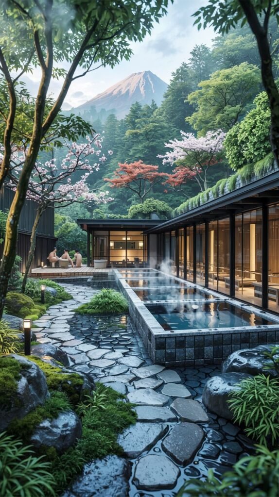 A large outdoor bathing complex with a long rectangular pool and a winding path of stepping stones, set in a lush forest environment with mountains in the background. The complex has modern buildings with large windows and wooden decking.