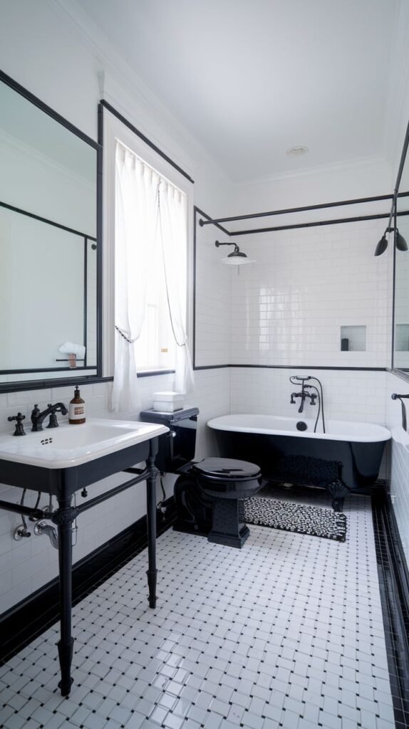 Luxury bathroom with a black clawfoot tub, pedestal sink, and black toilet, featuring small white tiles with black accents on the floor and subway tiles on the walls.