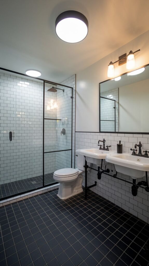 Luxury bathroom with a large shower enclosure featuring black framing, a white toilet, and dual white sinks mounted on the wall, with white subway tiles on the walls and dark tiled floor.