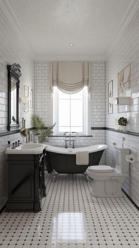 Luxury classic bathroom with a black clawfoot tub under a window with a Roman shade, a white toilet, and a black vanity with a white sink. The room has white subway tile walls and a floor with small white tiles and black accents.