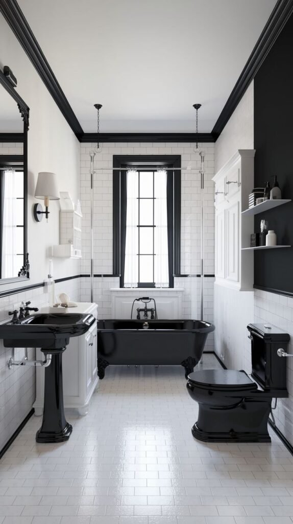 Luxury black and white bathroom with a black pedestal sink, black clawfoot tub, and black toilet. The room features white tiled walls and white tiled floor, with prominent black trim.