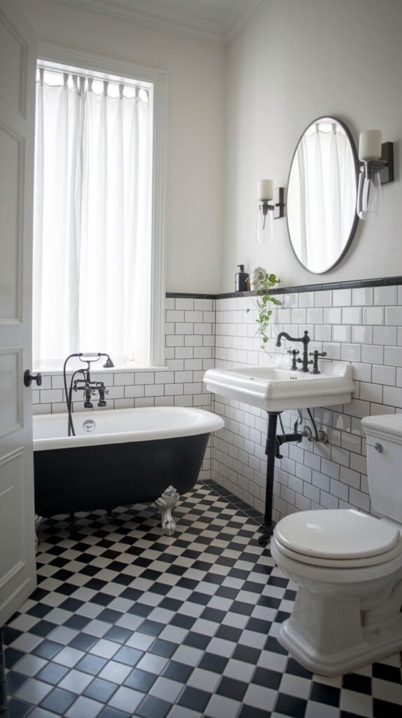 Luxury bathroom with a black clawfoot tub, a white pedestal sink, and a white toilet. The walls have white subway tiles with black trim, and the floor has a black and white checkerboard pattern.