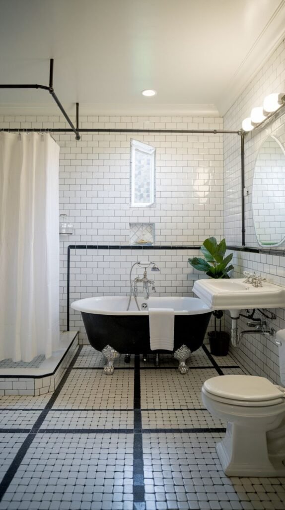 Luxury bathroom with a black clawfoot tub and shower curtain, a white pedestal sink, and a white toilet. The walls have white subway tiles with black trim, and the floor features small white tiles with black accents.