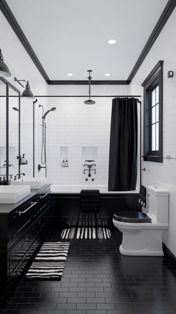 Luxury contemporary bathroom with a black built-in tub, a white toilet, and dual black vanities with white sinks. The room has white subway tiles on the walls and a dark tiled floor, with a black shower curtain.
