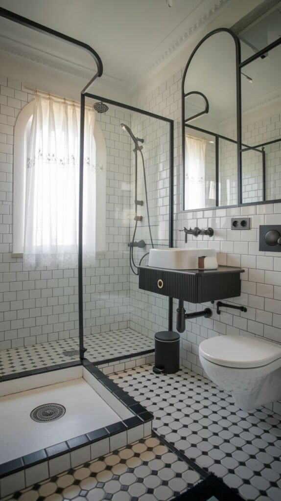 Luxury bathroom with a glass shower enclosure featuring a black frame and curved top, a wall-mounted black sink, and a white toilet. The walls are white subway tile, and the floor has small white tiles with black accents.