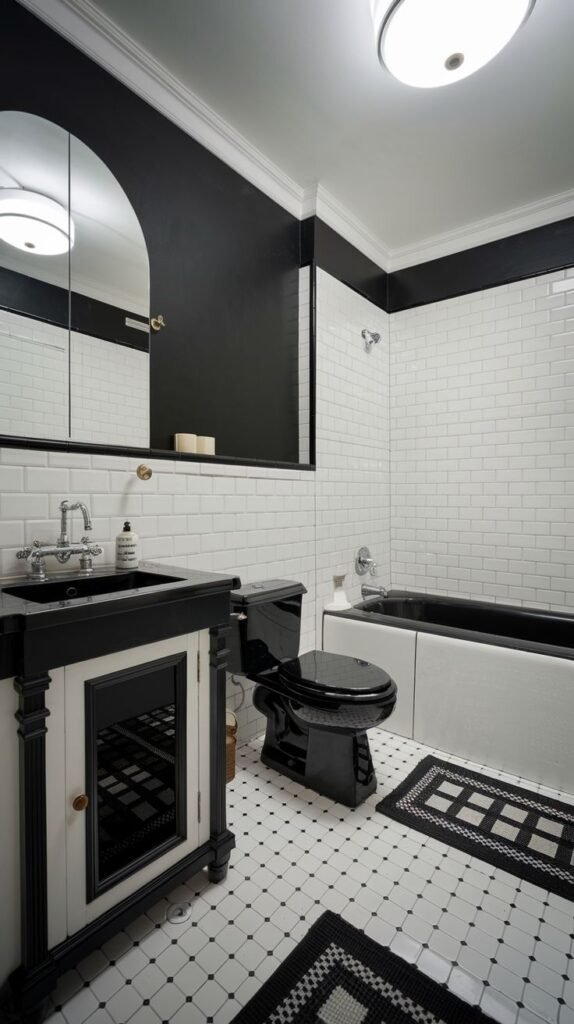 Luxury bathroom with a black vanity and sink, a black toilet, and a white built-in tub with a white tiled front. The lower walls are white subway tile, the upper walls are black, and the floor has small white tiles with black accents.