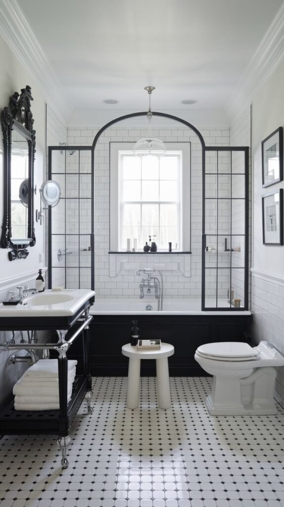 Luxury bathroom with a glass shower/tub enclosure featuring black framing and arched tops over a black built-in tub, a white toilet, and a black vanity with a white sink on metal legs. The room has white tiled walls and a floor with small white tiles and black accents.