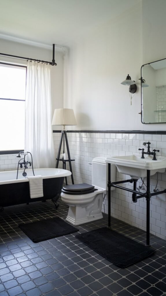 Luxury bathroom with a black clawfoot tub by a window, a white toilet, and a white pedestal sink. The walls are white subway tile with black trim, and the floor is dark tiled.