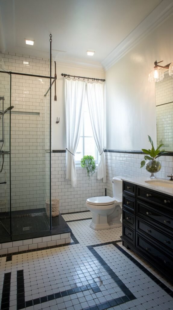 Luxury bathroom featuring a shower with a glass enclosure, a white toilet, and a dark wood vanity with a white sink. The floor is tiled with small white tiles and black accents, and the walls have white subway tiles.