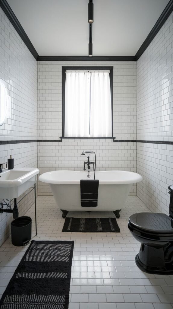 Luxury bathroom with a white freestanding tub, a black toilet, and a white wall-mounted sink. The room features white subway tile walls and white tiled floor, with black trim.