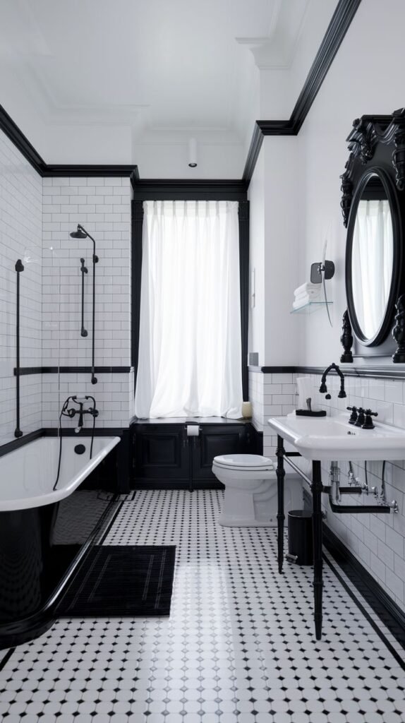 Luxury bathroom with a black built-in tub and shower, a white toilet, and a white pedestal sink. The walls are white subway tile with black trim, and the floor has small white tiles with black accents.