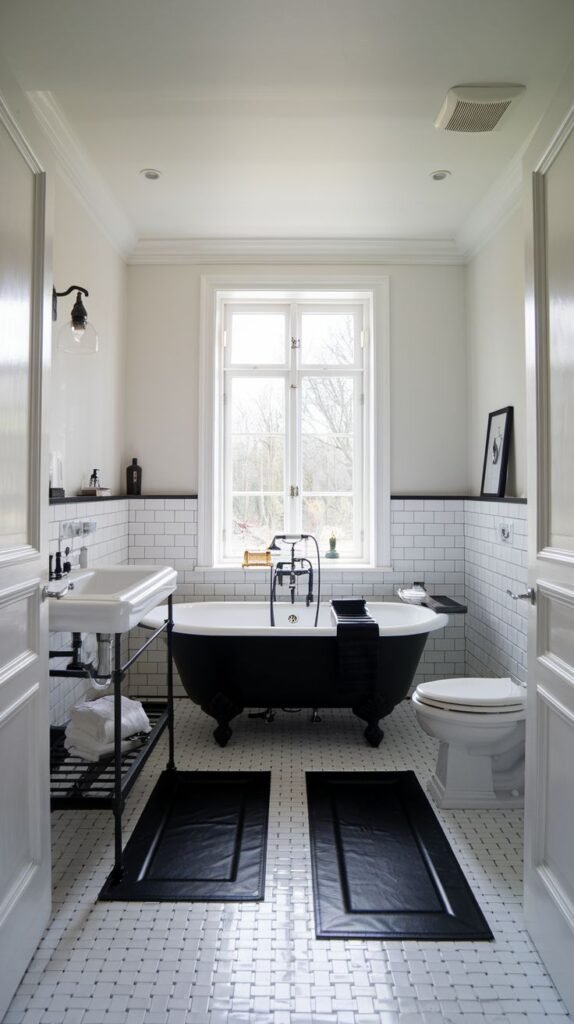 Luxury bright bathroom with a black clawfoot tub, a white pedestal sink, and a white toilet by a large window. The room features white subway tile walls and a white tiled floor with black accents.