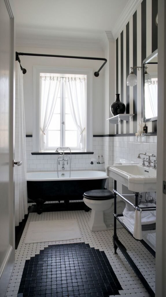Luxury bathroom with a black clawfoot tub and shower curtain, a white toilet, and a white pedestal sink on a metal frame. The room has white subway tile walls, a striking black and white striped accent wall, and a floor with small white and black tiles.