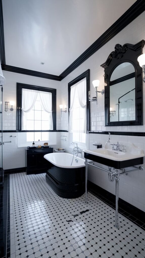 Luxury bathroom with a black-sided freestanding tub under windows, a white pedestal sink, and a white toilet. The walls are white subway tile with black trim, and the floor has small white tiles with black accents.