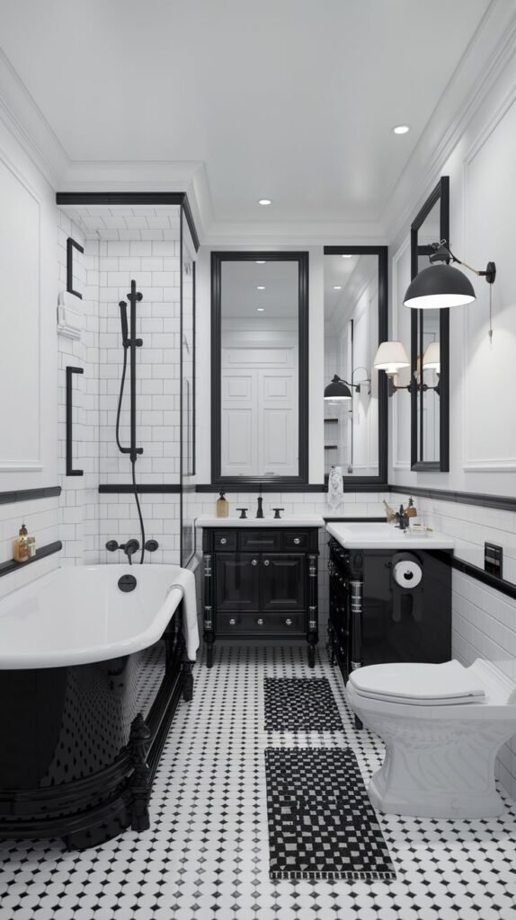 Luxury bathroom with a black-sided built-in tub and shower, a white toilet, and dual black vanities with white sinks. The room features white tiled walls and a floor with small white and black tiles.
