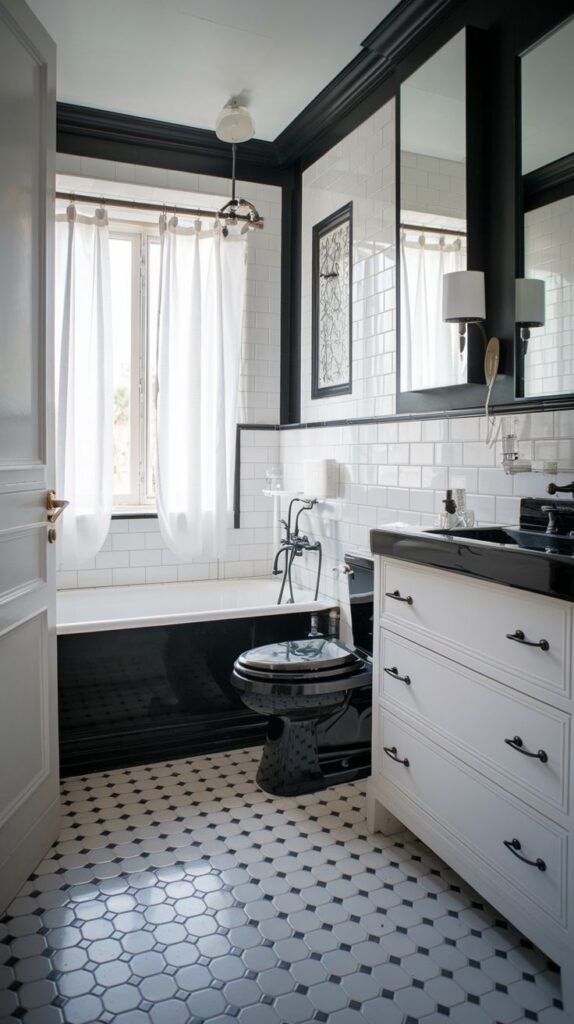 Luxury bathroom with a black built-in tub, a black toilet, and a white vanity with a black sink. The walls are white subway tile with black trim, and the floor has small white tiles with black accents.