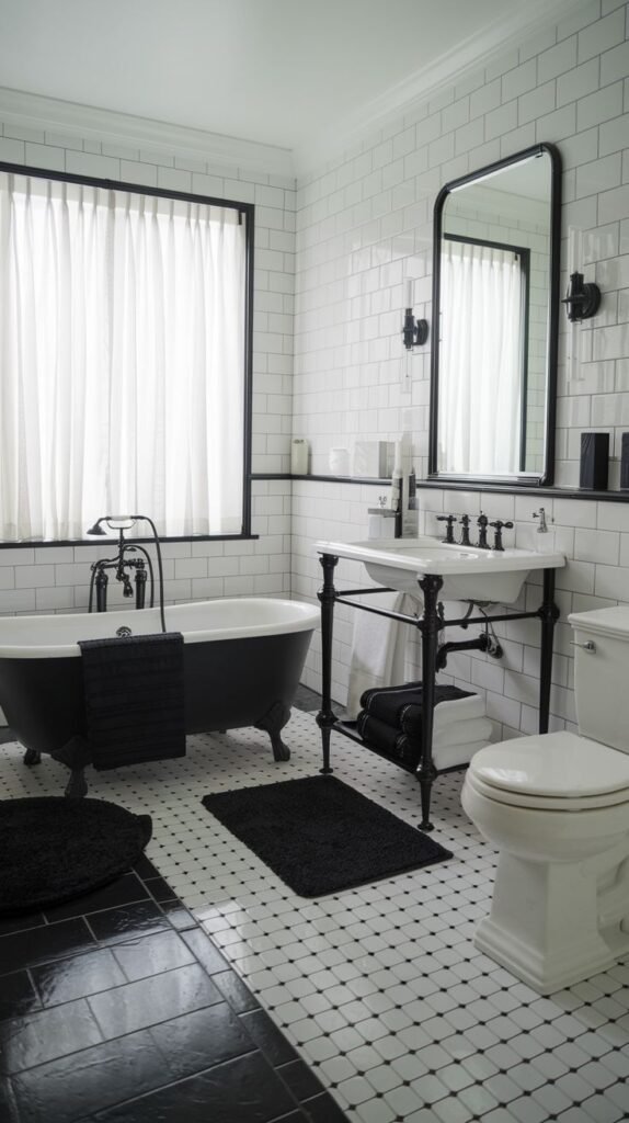 Luxury bathroom with a black clawfoot tub, a white pedestal sink, and a white toilet. The walls are white subway tile with black trim, and the floor is a mix of dark tiles and small white tiles with black accents.