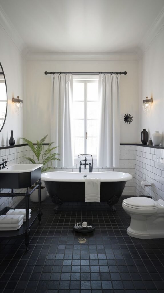 Luxury bathroom with a black clawfoot tub by a window, a white toilet, and a black sink on a metal frame. The walls are white subway tile with black trim, and the floor is dark tiled.